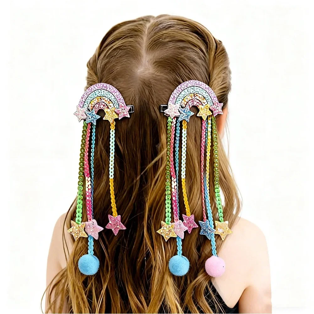 Rainbow Hair Clips with Dangling Beads and Stars